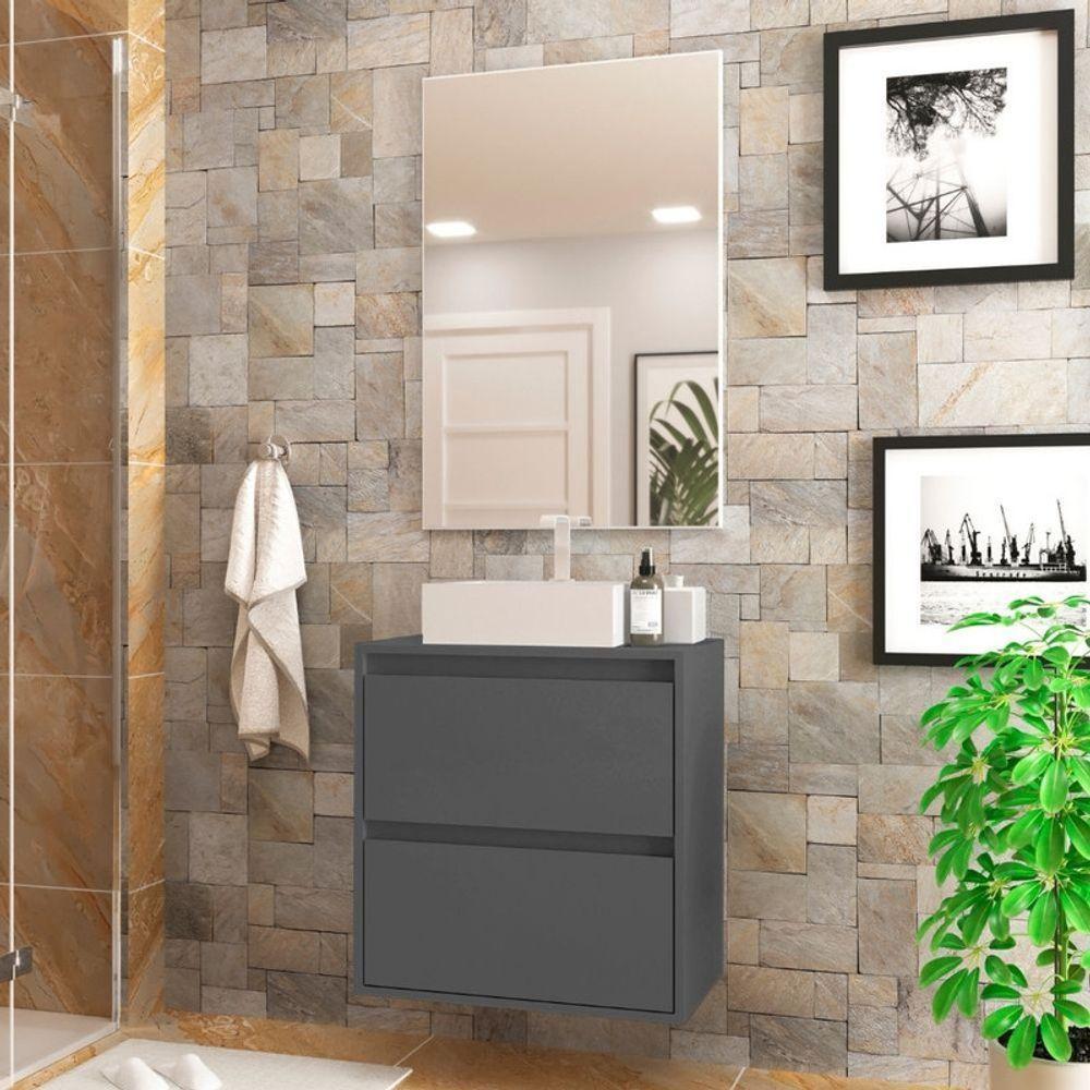 Gabinete Para Banheiro Com Cuba E Espelheira 60cm Mdf Grafite Dubai - On Móveis - 1