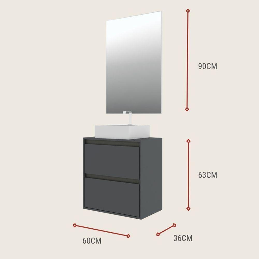 Gabinete Para Banheiro Com Cuba E Espelheira 60cm Mdf Grafite Dubai - On Móveis - 3