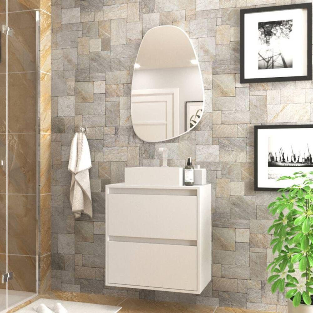 Gabinete Para Banheiro Com Cuba E Espelheira Organica 60cm Mdf Branco Dubai - On Móveis - 1