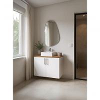 Gabinete Para Banheiro Com Cuba E Espelho Organico 80cm Mdf Freijo Com Branco Paris - On Móveis - 1