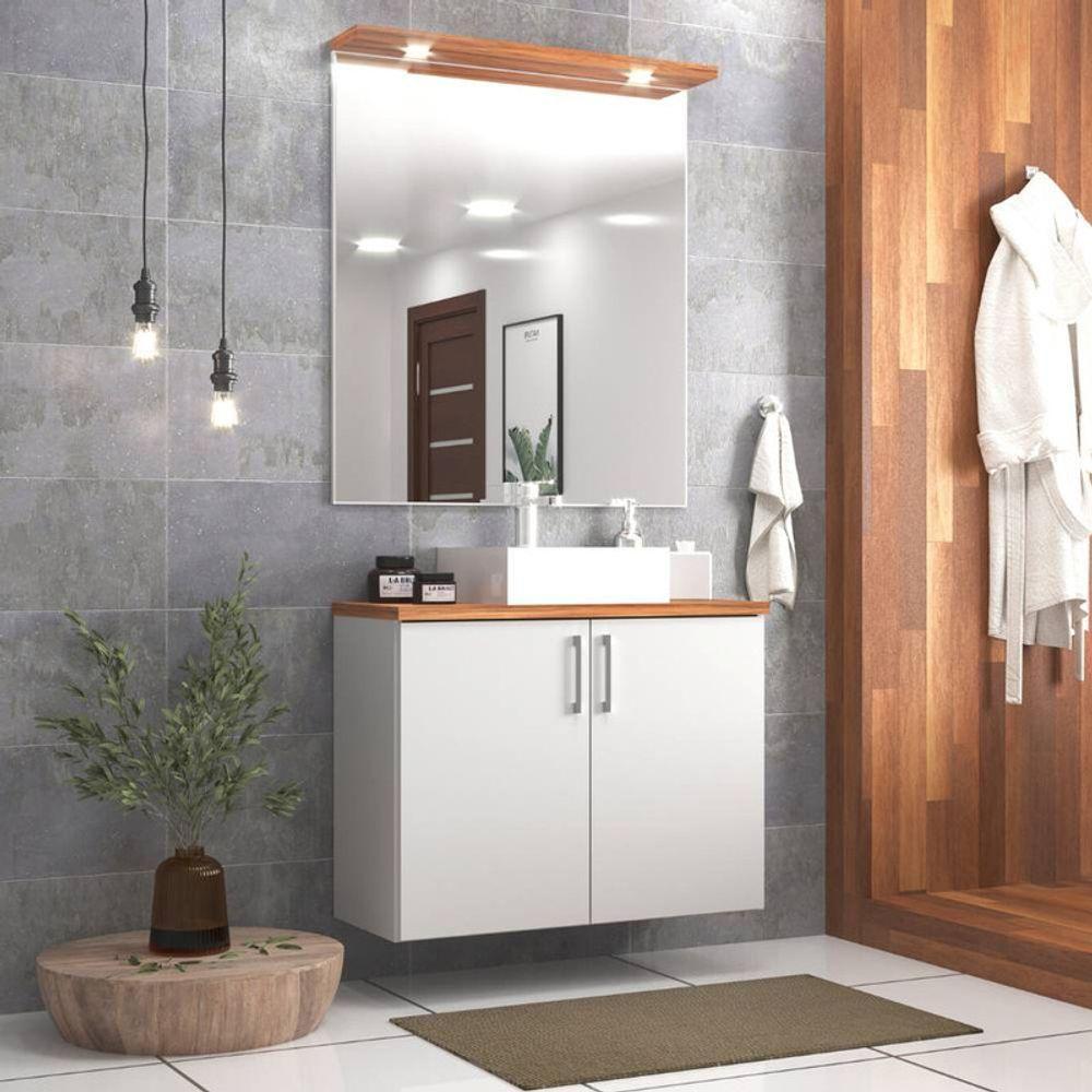 Gabinete Para Banheiro Com Cuba E Espelho Com Led 80cm Mdf Freijo Com Branco Paris - On Móveis - 1