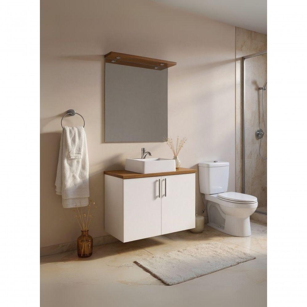 Gabinete Para Banheiro Com Cuba E Espelho Com Led 80cm Mdf Freijo Com Branco Paris - On Móveis - 4