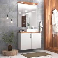 Gabinete Para Banheiro Com Cuba E Espelho Com Led 80cm Mdf Freijo Com Branco Paris - On Móveis - 1