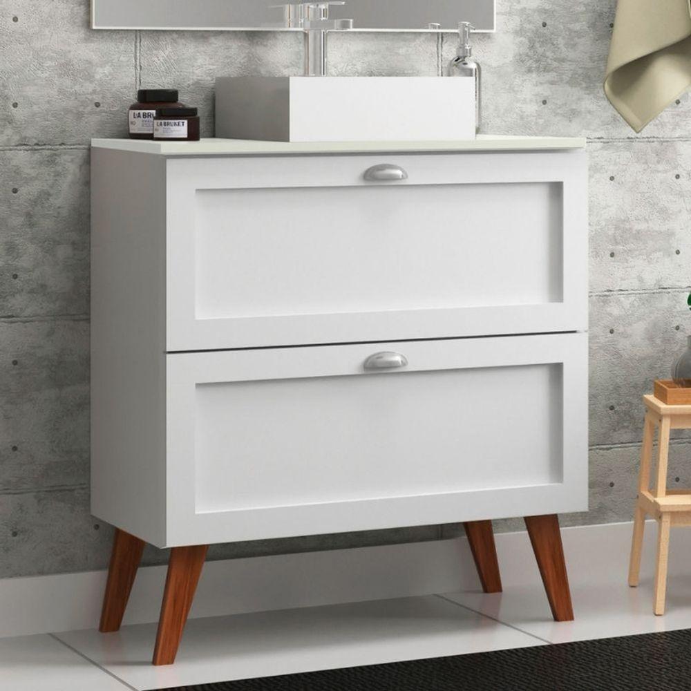 Gabinete Para Banheiro Com Tampo E Cuba 80cm Retro Mdf Branco Milano - On Móveis - 1