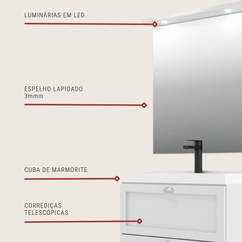 Gabinete Para Banheiro Com Cuba E Espelheira 80cm Retro Mdf Branco Milano - On Móveis - 5