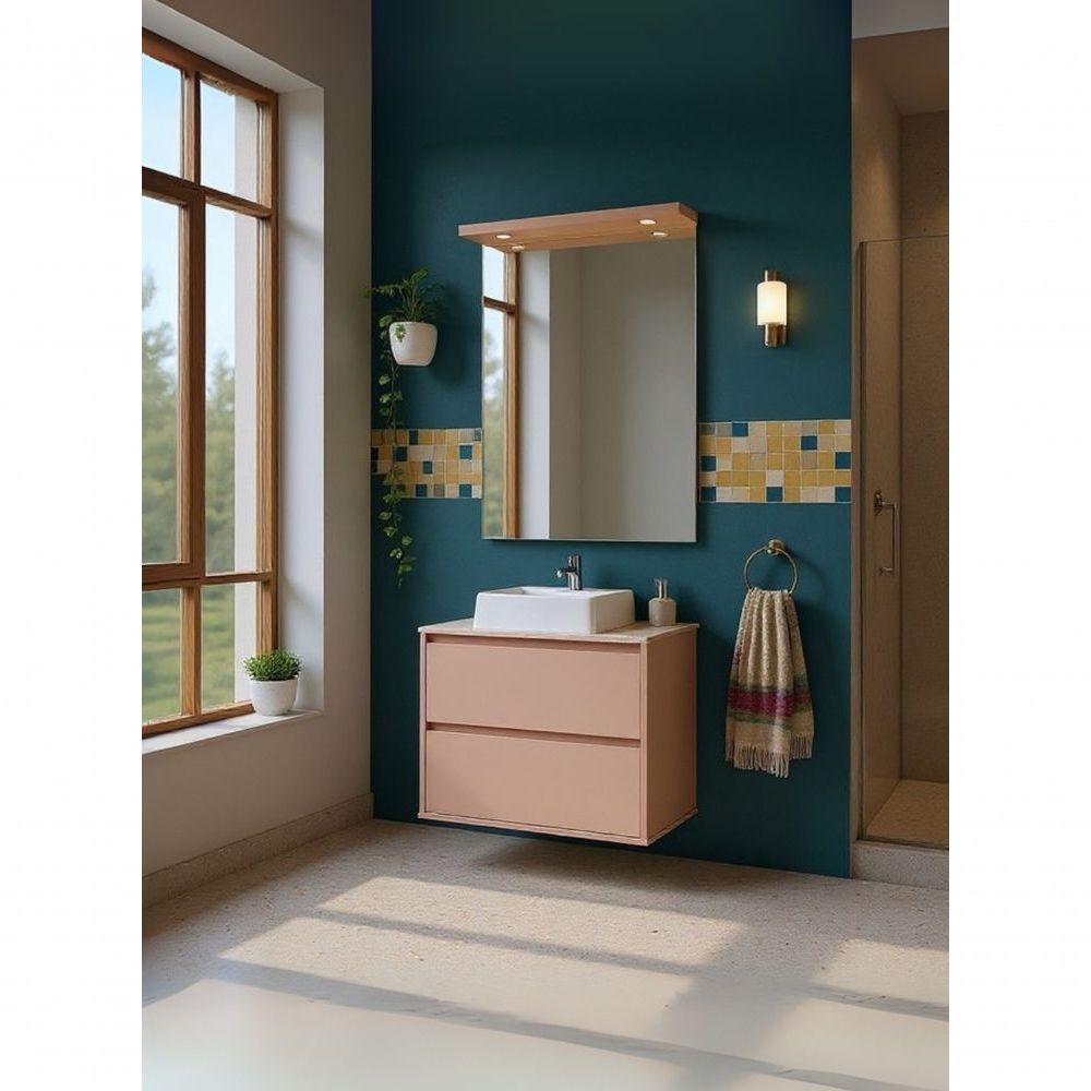 Gabinete Para Banheiro Com Cuba E Espelheira Com Led 60cm Mdf Rosa Dubai - On Móveis - 4