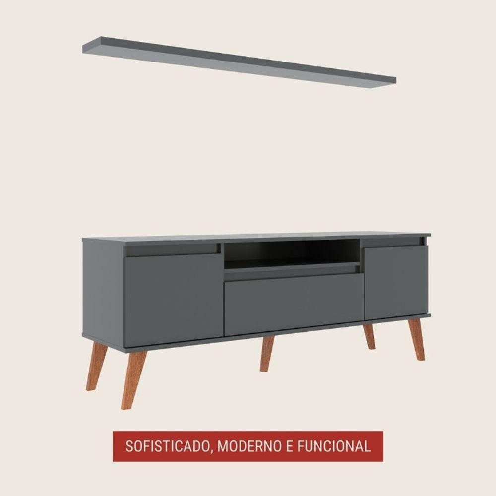 Rack Para Tv Com Prateleira 150cm Retro Mdf Grafite Dallas - On Móveis - 2
