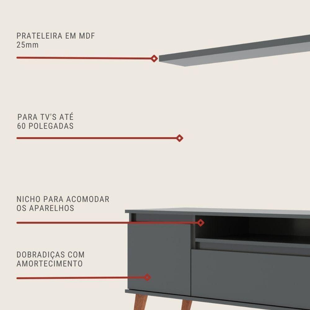Rack Para Tv Com Prateleira 150cm Retro Mdf Grafite Dallas - On Móveis - 4