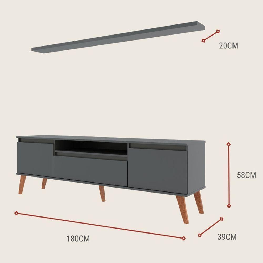 Rack Para Tv Com Prateleira 180cm Retro Mdf Grafite Dallas - On Móveis - 3