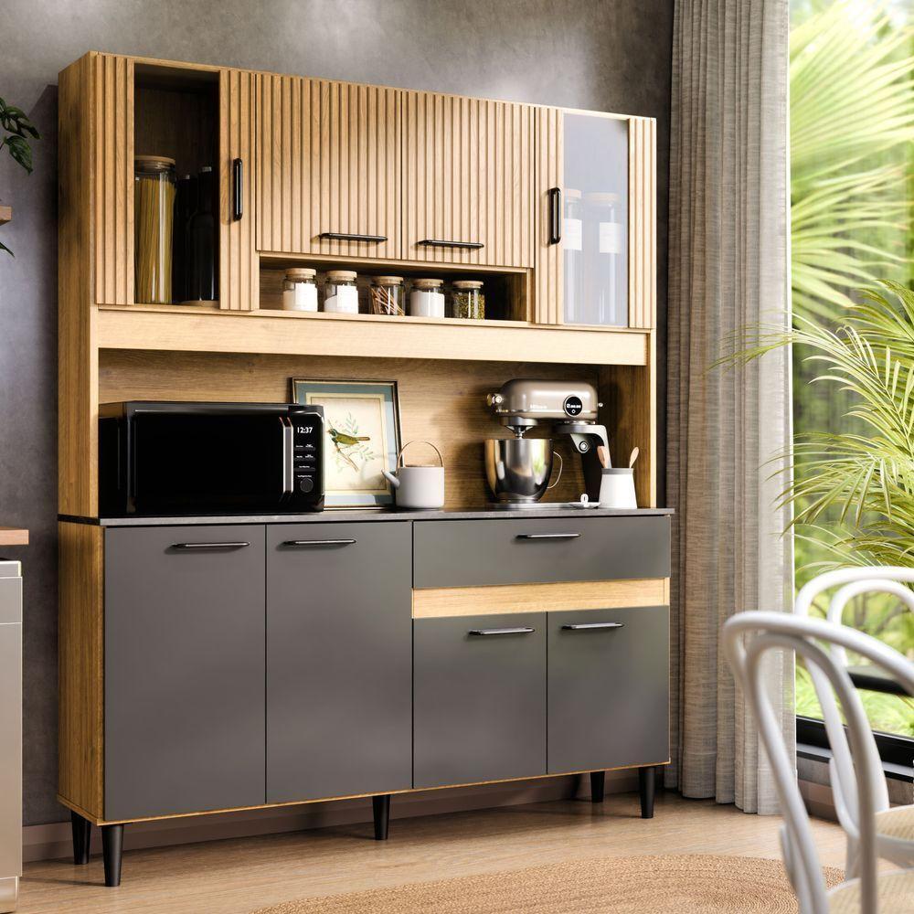 Armário De Cozinha Completa Coral Com 8 Portas E 1 Gaveta Compacto Ripado Grafite - 1