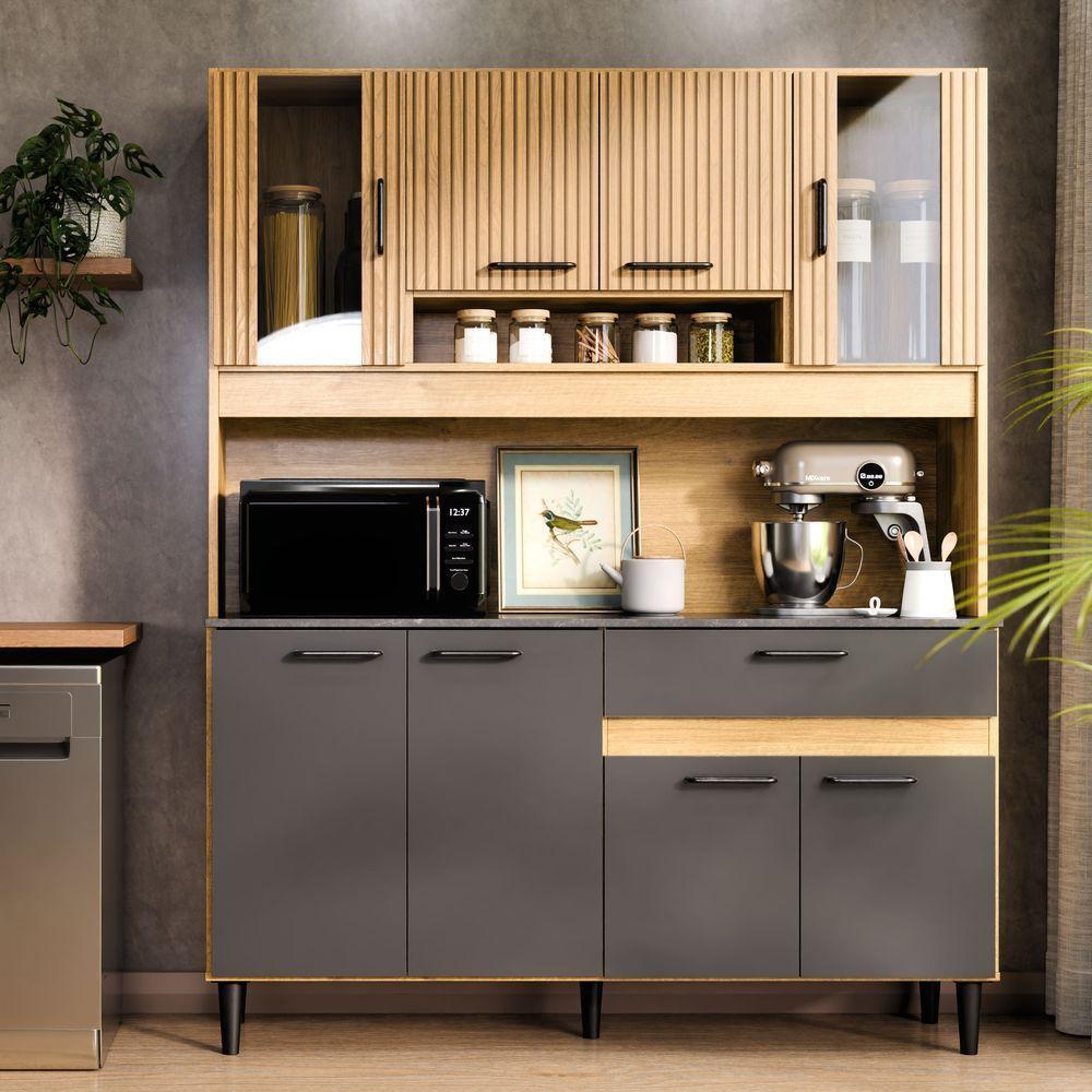 Armário De Cozinha Completa Coral Com 8 Portas E 1 Gaveta Compacto Ripado Grafite - 2