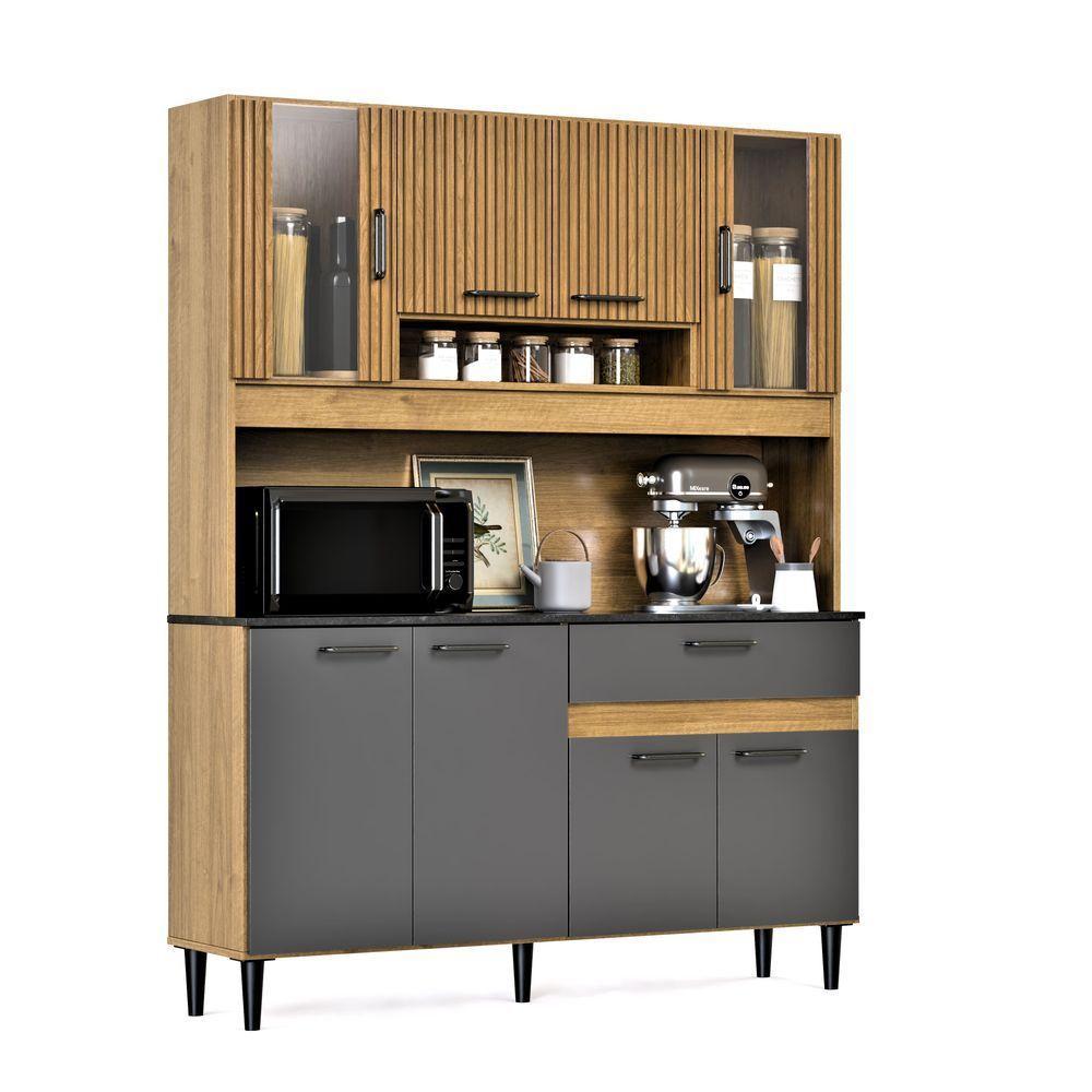Armário De Cozinha Completa Coral Com 8 Portas E 1 Gaveta Compacto Ripado Grafite - 5
