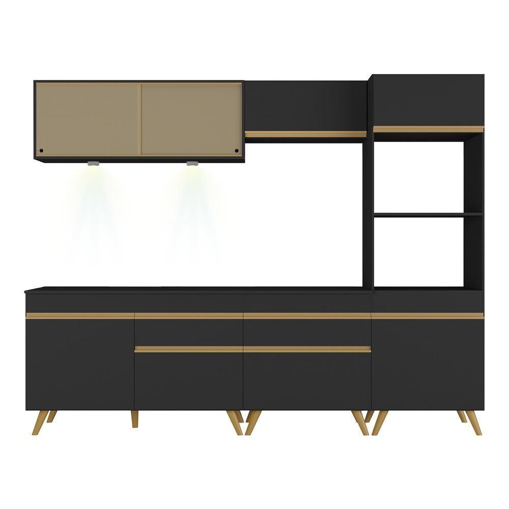 Armário De Cozinha Completa 252cm Com Leds Veneza Up Multimóveis V2037 Preto/dourado Preto/dourado - 2