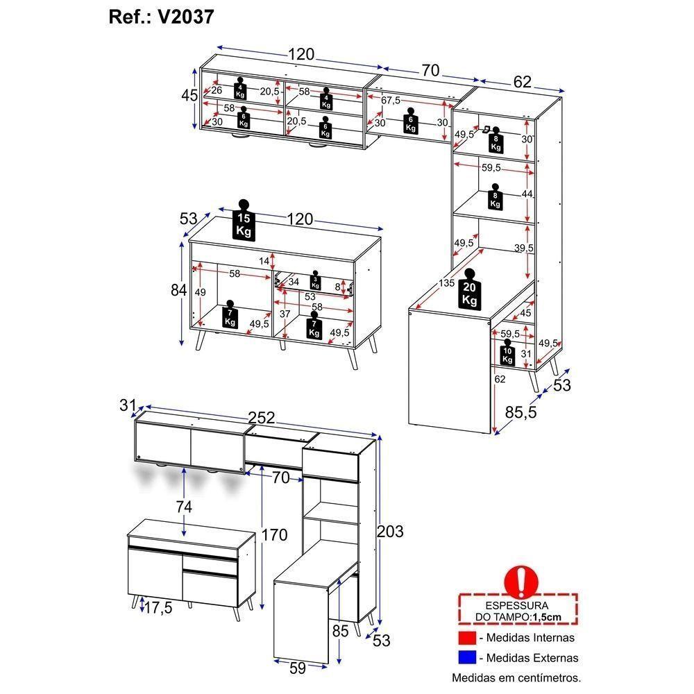 Armário De Cozinha Completa 252cm Com Leds Veneza Up Multimóveis V2037 Preto/dourado Preto/dourado - 4
