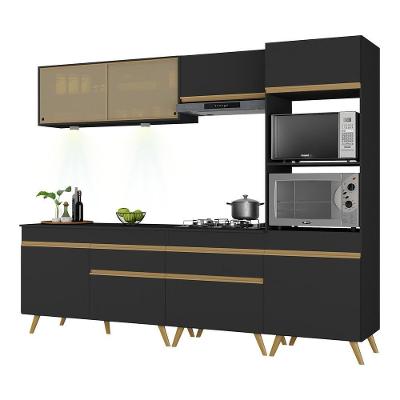 Armário De Cozinha Completa 252cm Com Leds Veneza Up Multimóveis V2037 Preto/dourado Preto/dourado