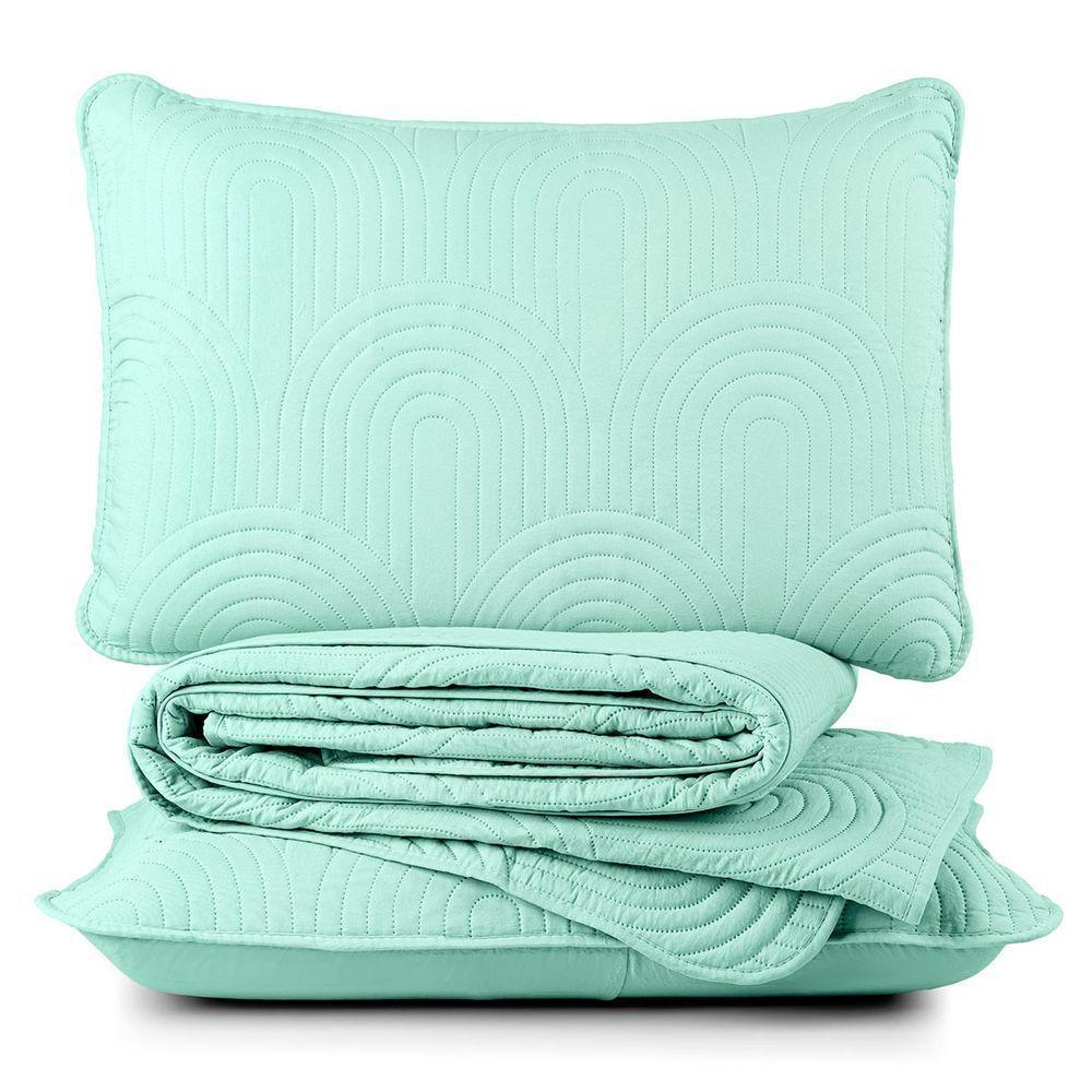 Kit Cobre Leito Colcha Arcos Casal Padrão Dupla Face Matelado 200 Fios 3 Peças Verde - 1