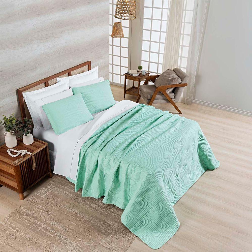 Kit Cobre Leito Colcha Arcos Casal Padrão Dupla Face Matelado 200 Fios 3 Peças Verde - 3