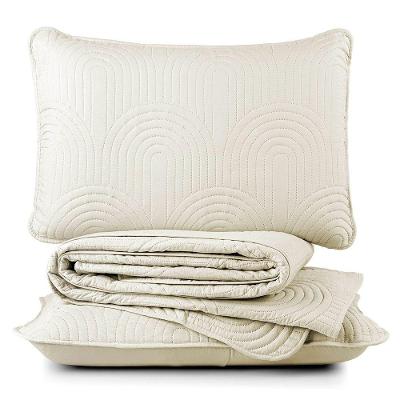 Kit Cobre Leito Colcha Arcos Casal Padrão Dupla Face Matelado 200 Fios 3 Peças Baunilha Palha