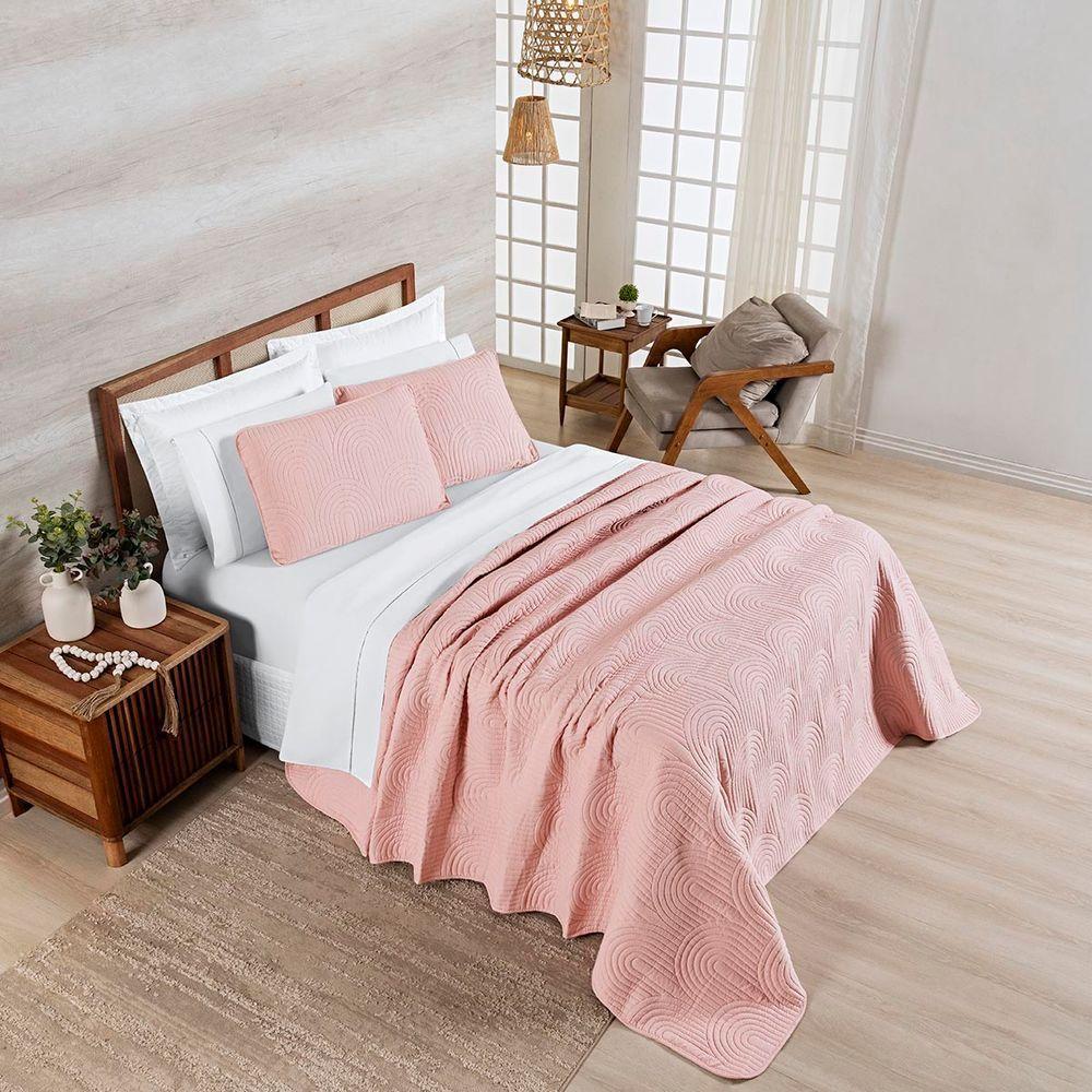 Kit Cobre Leito Colcha Arcos Casal Padrão Dupla Face Matelado 200 Fios 3 Peças Rosa - 3
