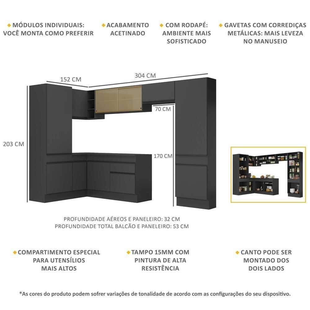 Armário De Cozinha Completa De Canto Com Rodapé Preto - 5