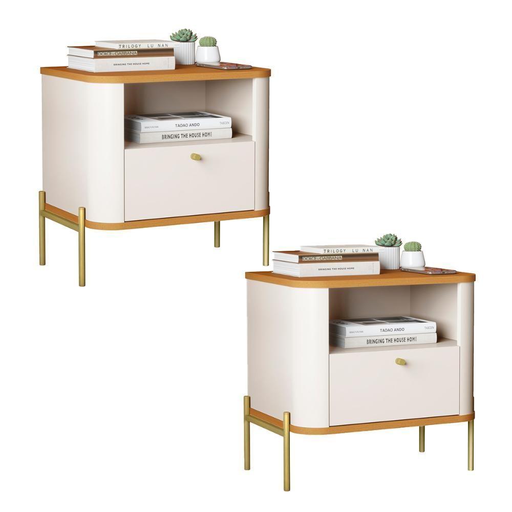 Kit 2 Mesas Cabeceira Quarto Tucupí Slim 1 Gaveta Pés Metal Off White-Nature-Dourado - 1