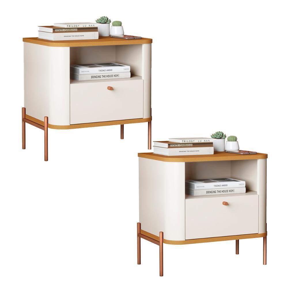 Kit 2 Mesas Cabeceira Quarto Tucupí Slim 1 Gaveta Pés Metal Off White-Nature-Bronze - 1