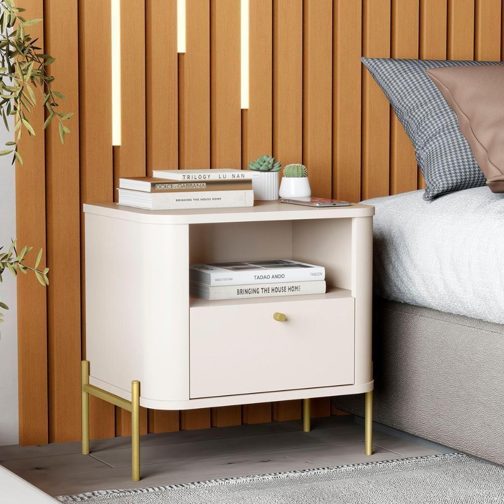 Kit 2 Mesas Cabeceira Quarto Tucupí Slim 1 Gaveta Pés Metal Off White-Dourado - 2