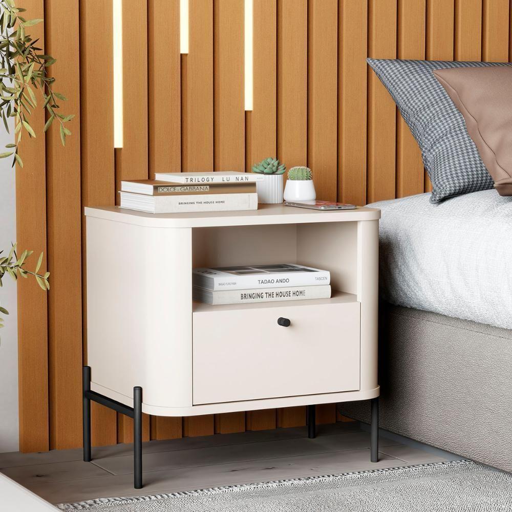 Kit 2 Mesas Cabeceira Quarto Tucupí Slim 1 Gaveta Pés Metal Off White-Preto - 2