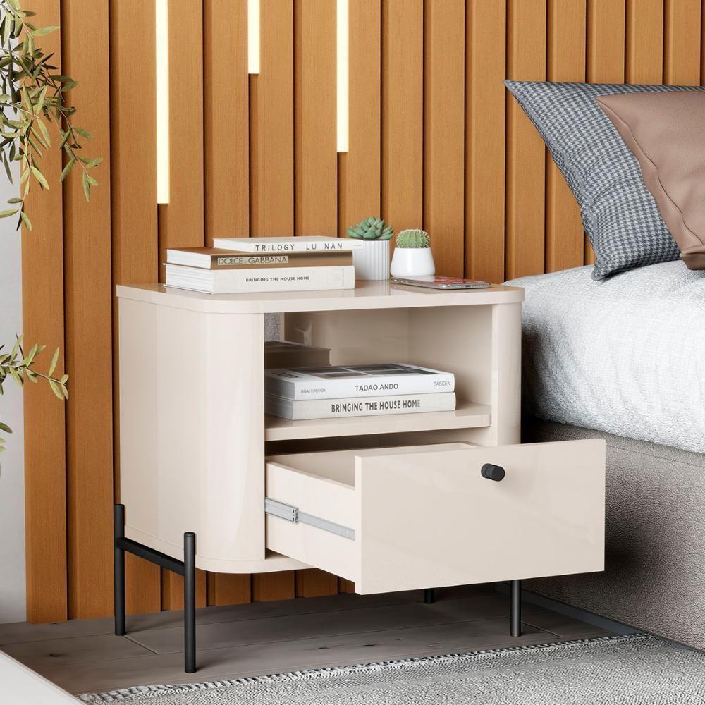 Kit 2 Mesas Cabeceira Quarto Tucupí Slim 1 Gaveta Pés Metal Off White-Preto - 3