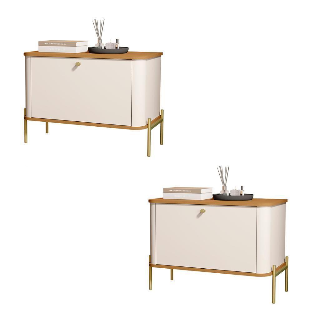 Kit 2 Mesa De Cabeceira Quarto Tucupí 1 Porta E Pés De Metal Off White-Nature-Dourado - 1