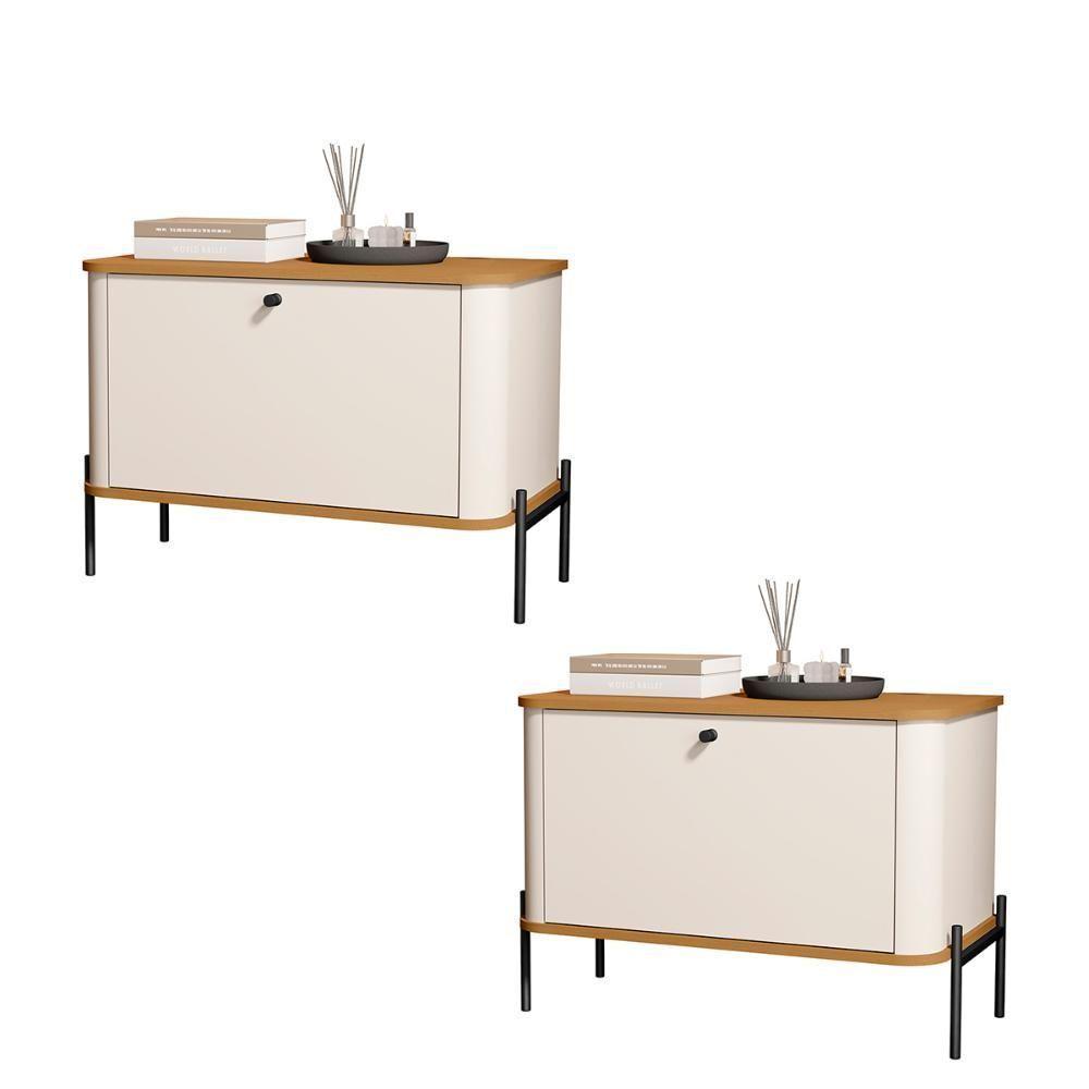 Kit 2 Mesa De Cabeceira Quarto Tucupí 1 Porta E Pés De Metal Off White-Nature-Preto - 1