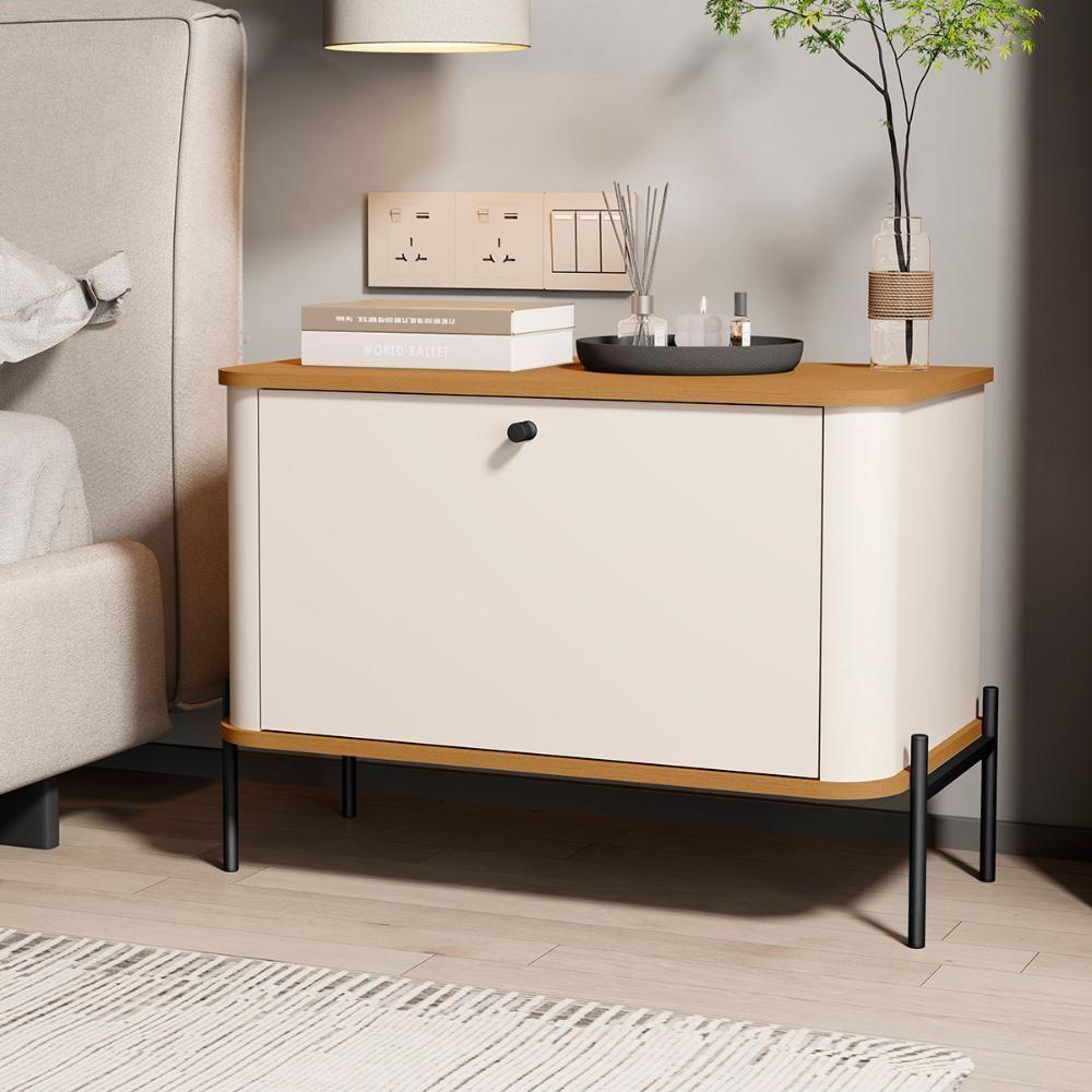 Kit 2 Mesa De Cabeceira Quarto Tucupí 1 Porta E Pés De Metal Off White-Nature-Preto - 2