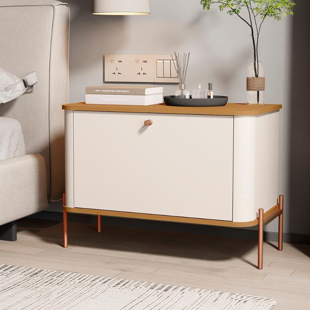 Kit 2 Mesa De Cabeceira Quarto Tucupí 1 Porta E Pés De Metal Off White-Nature-Bronze - 2