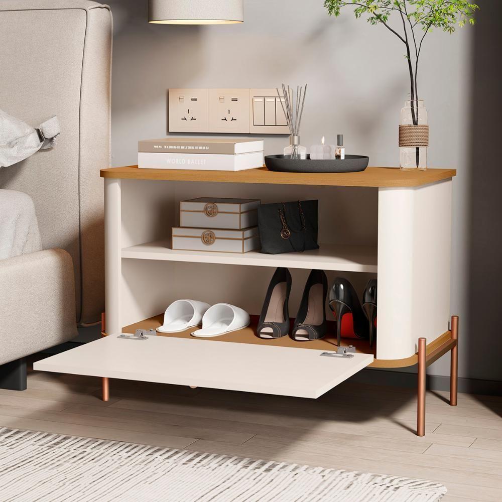 Kit 2 Mesa De Cabeceira Quarto Tucupí 1 Porta E Pés De Metal Off White-Nature-Bronze - 3