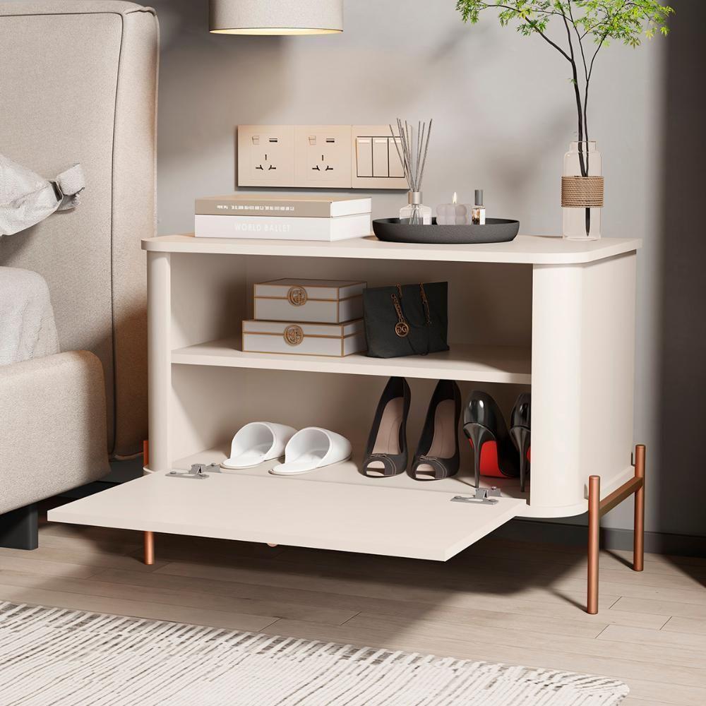 Kit 2 Mesa De Cabeceira Quarto Tucupí 1 Porta E Pés De Metal Off White-Bronze - 3