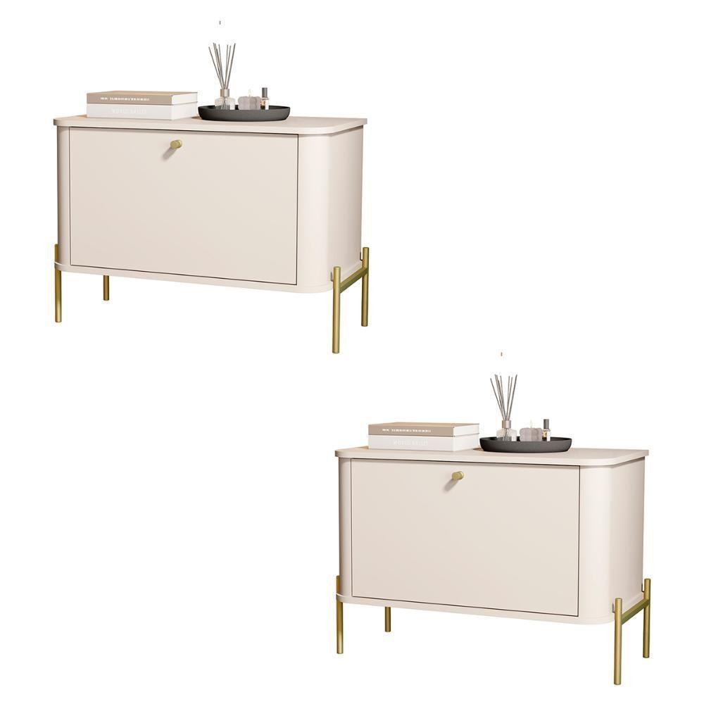Kit 2 Mesa De Cabeceira Quarto Tucupí 1 Porta E Pés De Metal Off White-Dourado - 1