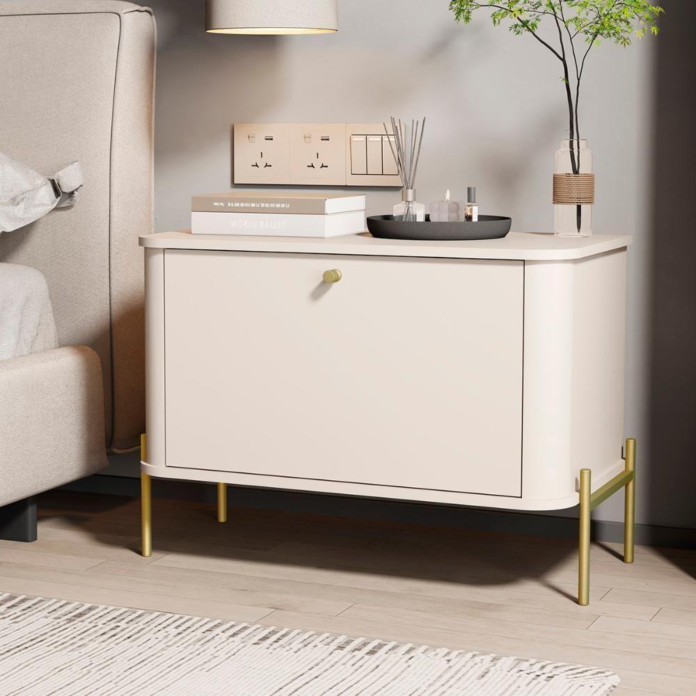 Kit 2 Mesa De Cabeceira Quarto Tucupí 1 Porta E Pés De Metal Off White-Dourado - 2