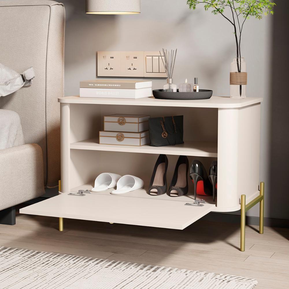 Kit 2 Mesa De Cabeceira Quarto Tucupí 1 Porta E Pés De Metal Off White-Dourado - 3