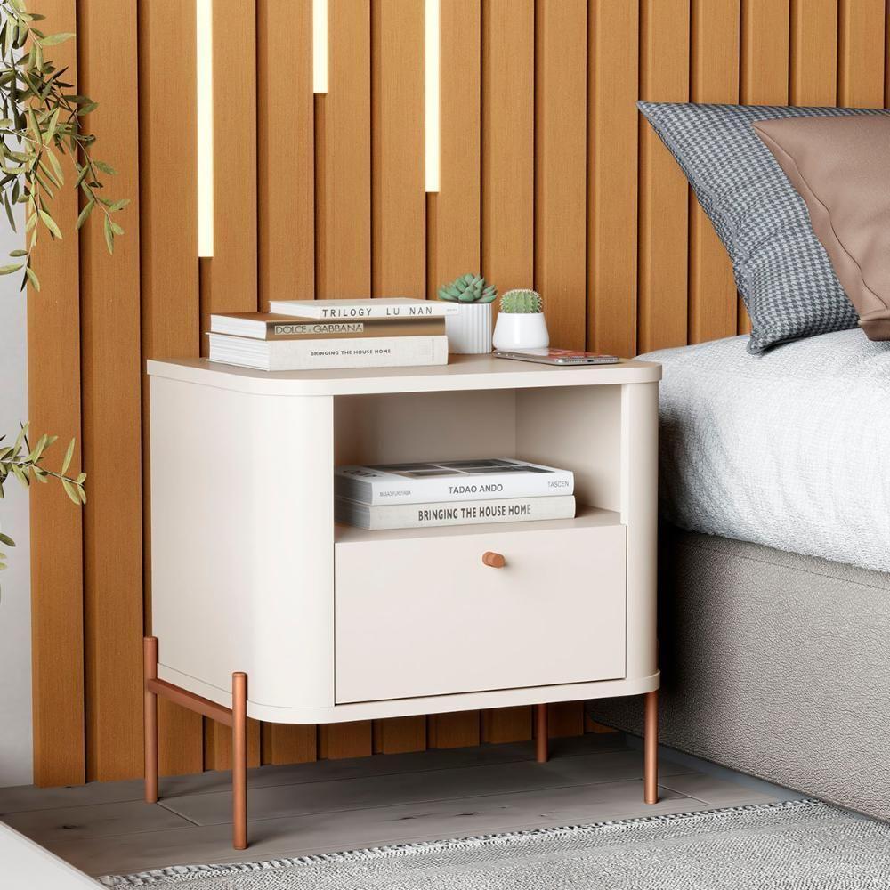 Kit 2 Mesas Cabeceira Quarto Tucupí Slim 1 Gaveta Pés Metal Off White-Bronze - 2