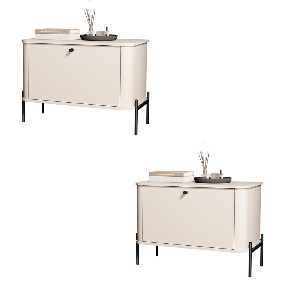 Kit 2 Mesa De Cabeceira Quarto Tucupí 1 Porta E Pés De Metal Off White-Preto - 1