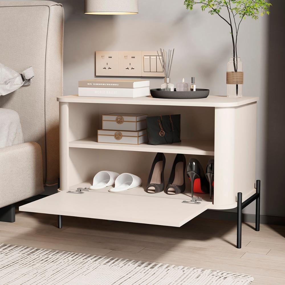 Kit 2 Mesa De Cabeceira Quarto Tucupí 1 Porta E Pés De Metal Off White-Preto - 3