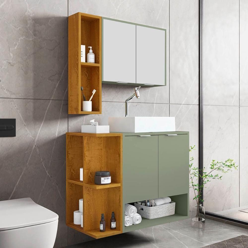 Gabinete Banheiro Star 2 Portas Com Espelheira E Cuba Dalla Pistache-Naturale - 2