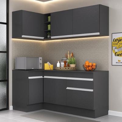 Cozinha Compacta de Canto Mp2092 6 Portas 1 Gaveta Mdf 90cm Preto Branco com Rodapé