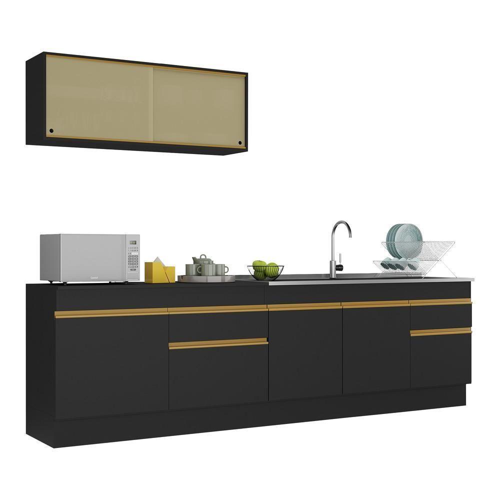 Armário De Cozinha Compacta 270cm Com Rodapé Veneza Multimóveis V2112 Preto/dourado Preto/dourado - 1