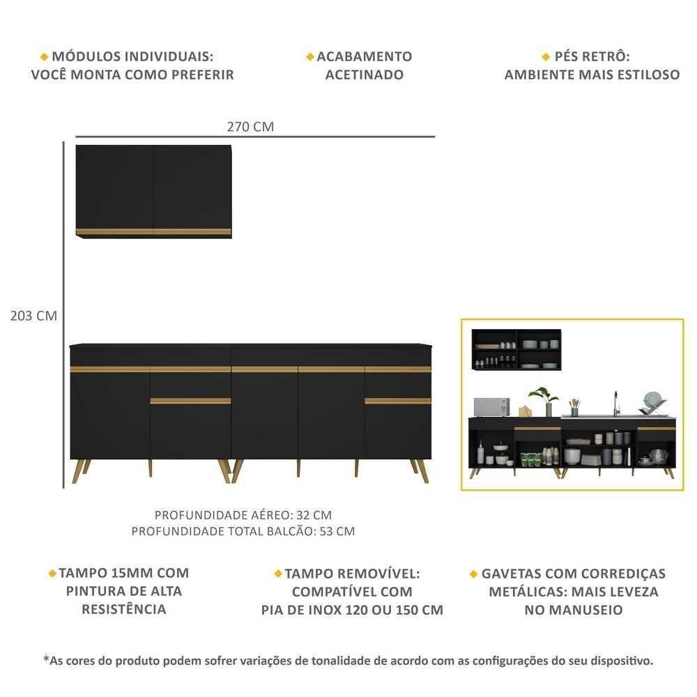 Armário De Cozinha Compacta 270cm Veneza Multimóveis V2076 Preto/dourado Preto/dourado - 5