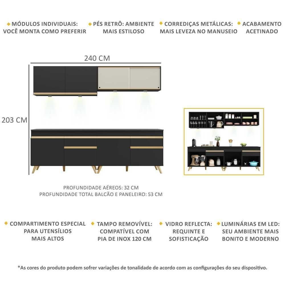 Armário De Cozinha Compacta 240cm Com Led Preto/dourado - 5