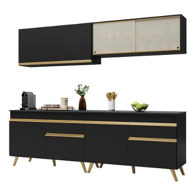 Armário de Cozinha Compacta Veneza V3696 8 Portas 2 Gavetas MDP 240 cm Preto e Dourado