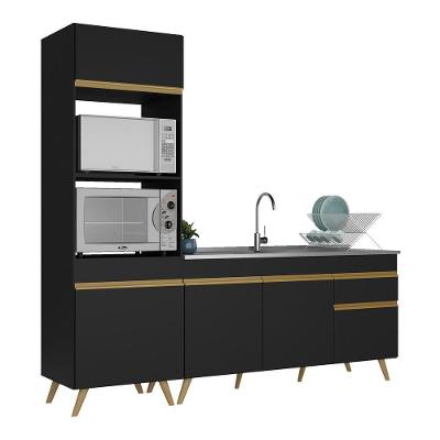 Armário de Cozinha Compacta Veneza 5 Portas 1 Gaveta MDP 212cm Preto Dourado