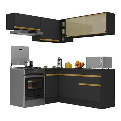 Armário de Cozinha Completa de Canto V2094 7 Portas 1 Gaveta MDF 172cm Preto-dourado