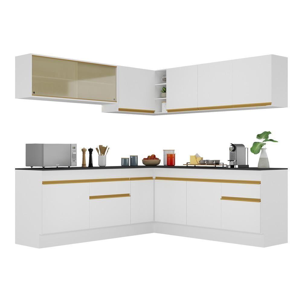 Armário De Cozinha Completa De Canto Com Rodapé Veneza Multimóveis V2096 Branco/dourado Branco/dourado - 1